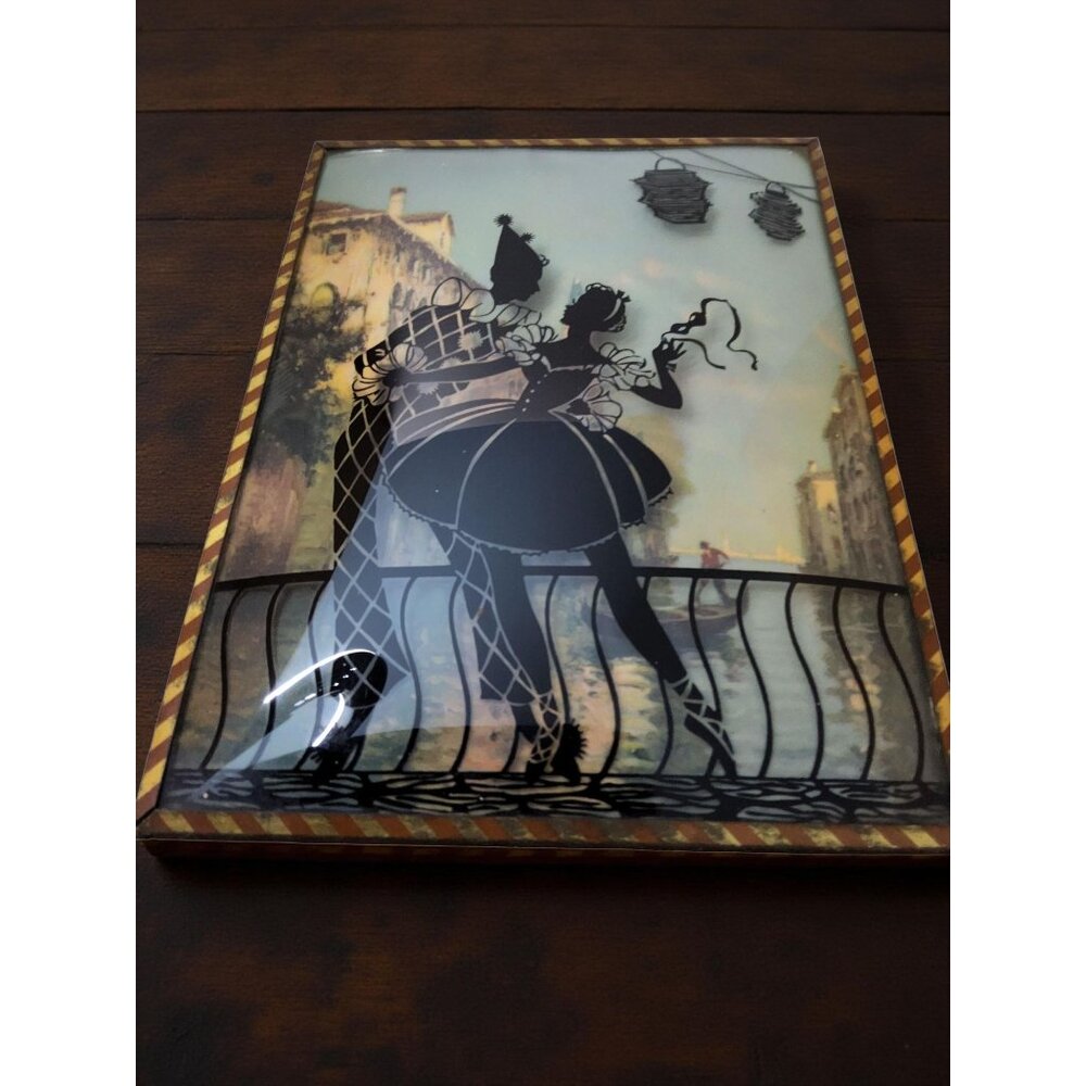 Circa 1930's Pair Of SILHOUETTE Venetian MASQUERADE Party on Convex Glass Framed